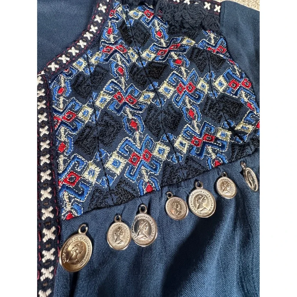 Anandas Collection‎ Embroidered Blouse Coin Accents Bohemian Top Size M
